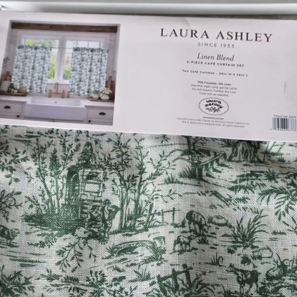NEW Laura Ashley Green Toile Linen blend Cafe Curtains
